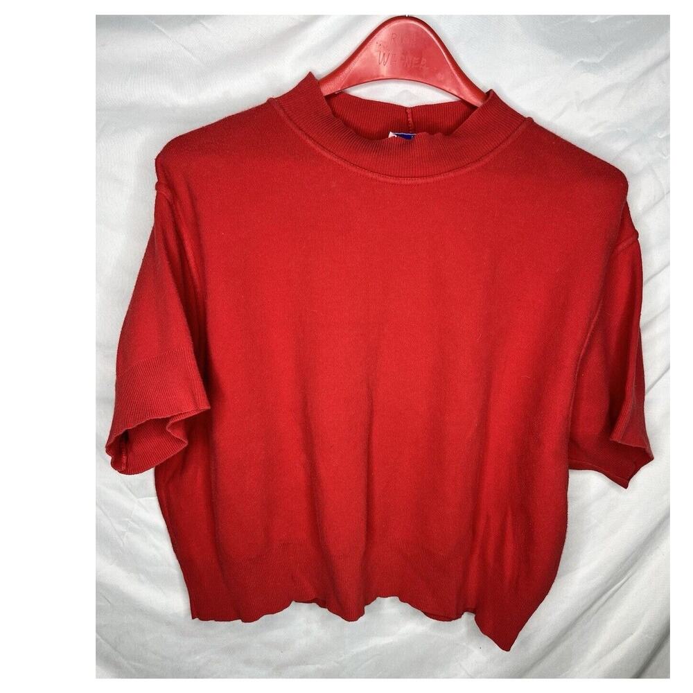 Bedford Fair Mock Neck Crop Top Cotton Knit Short Sleeve Red USA All Cotton 80s